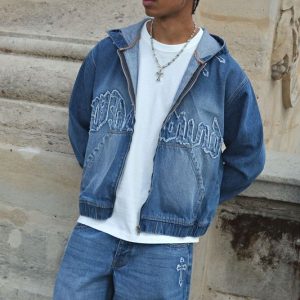 Oversized Boxy Cross Applique Washed Denim Hoodie