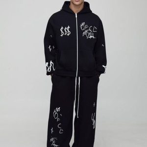 Oversized Boxy Graffiti Zip Through Hoodie And Wide Leg Jogger Tracksuit