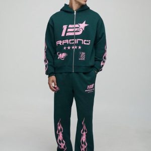 Oversized Boxy Moto Zip Through Hoodie And Relaxed Jogger Tracksuit