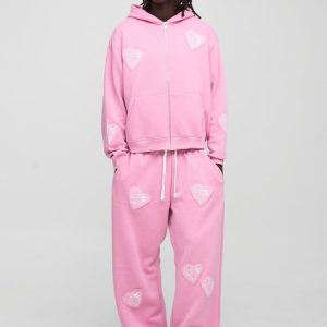 Oversized Boxy Zip Through and Extreme Wide Leg Hearts Applique Tracksuit