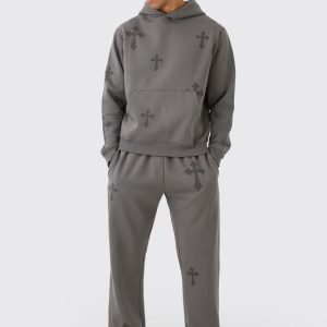 Regular Fit Cross Printed Hooded Tracksuit