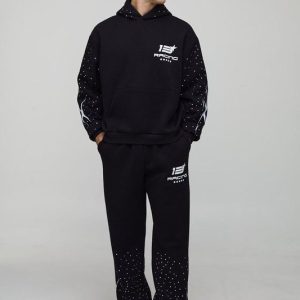 Oversized Boxy Moto Rhinestone Relaxed Flare Hooded Tracksuit