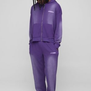 Oversized Boxy Man Washed Waffle Hooded Zip Tracksuit