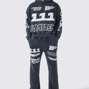 Oversized Boxy Puff Print Wash Hooded Tracksuit