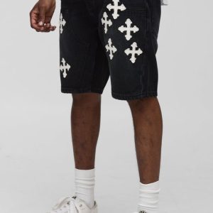 Tall Straight Fit Cross Applique Carpenter Denim Shorts