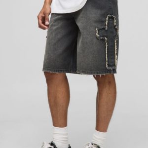 Regular Fit Cross Applique Washed Black Jorts