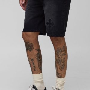 Tall Slim Fit Washed Cross Embroidered Jean Shorts