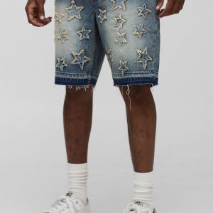 Tall Slim Fit Star Applique Let Down Hem Denim Shorts