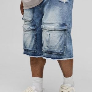 Plus Slim Ice Wash Raw Hem Distressed Cargo Jorts