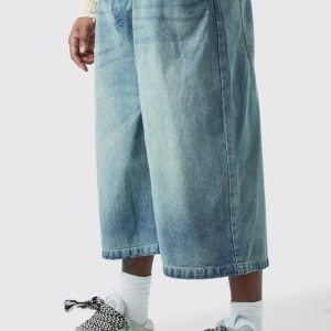 Plus Long Line Denim Jorts In Antique Blue Wash