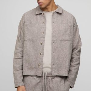 Oversized Boxy Fit Herringbone Cargo Pocket Harrington