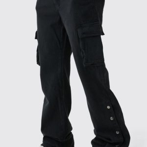 Tall Relaxed Flare Overdye Popper Hem Cargo Pants In Black