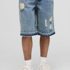 Regular Fit Blue Ripped Jorts With Let Down Hem