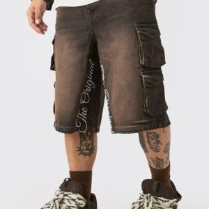 Embroidered Denim Cargo Jorts In Brown