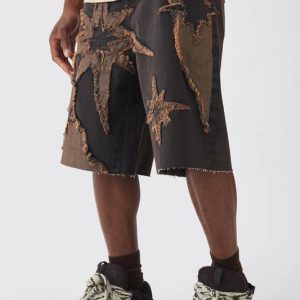 Regular Rigid Star Applique Denim Jorts In Brown