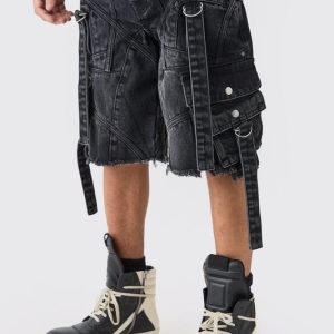 Oversized Strap And Buckle Detail Denim Jorts