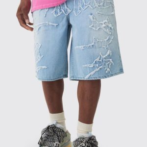 Official Self Fabric Applique Denim Jorts In Ice Blue