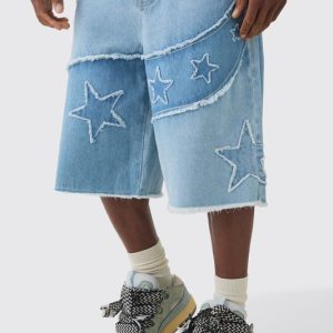 Regular Rigid Star Applique Denim Jorts In Ice Blue