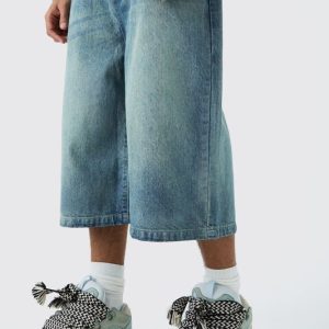 Long Line Denim Jorts In Antique Blue Wash