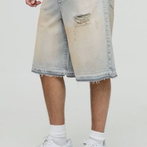 Ripped Denim Jorts In Washed Ice Grey
