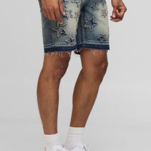 Slim Fit Star Applique Let Down Hem Denim Shorts