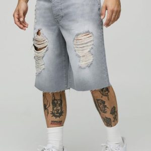 Regular Fit Light Grey Washed Ripped Jorts