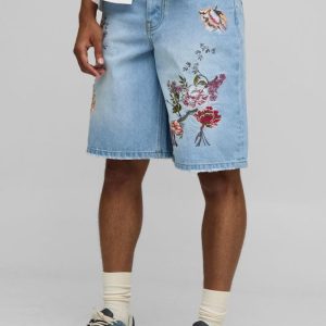 Baggy Fit Floral Embroidered Washed Denim Shorts