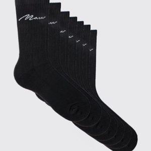7 Pack Man Script Logo Plain Sport Socks