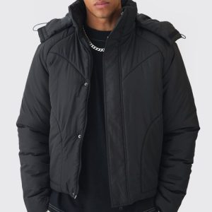 Boxy Quilted Hooded Puffer Coat In Black