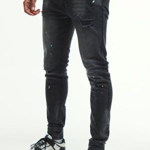 Skinny Stretch Knee Rip Paint Splatter Jeans