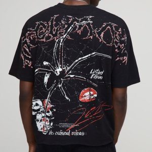 Black Oversized Spider Over Seam Raw Hem Graphic T-Shirt