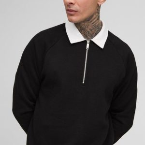 Tall Oversized Boxy Polo Sweatshirt in Black