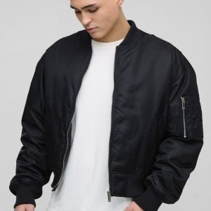 Oversized Boxy Curved Hem Nylon Bomber Jacket