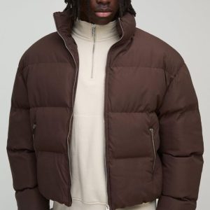 Man Boxy Fit Funnel Neck Puffer Coat In Brown