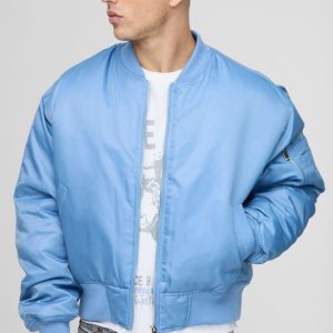 Oversized Boxy Curved Hem Nylon Bomber Jacket