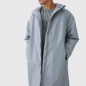Oversized Padded Tech Longline Raincoat In Grey
