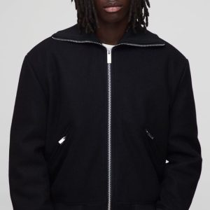 Regular Fit Knitted Collar Zip Up Wool Look Bomber Jacket