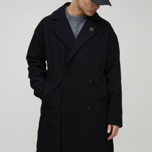 Oversized Drop Shoulder Double Breasted Overcoat In Black
