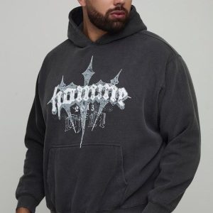 Plus Oversized Washed Homme Cross Print Hoodie