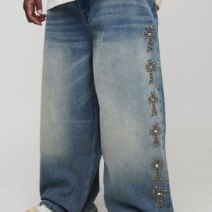 Plus Baggy Rigid Gothic Cross Embellished Jeans