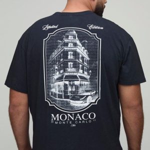 Plus Oversized Washed Black Monaco Landscape Print T-Shirt