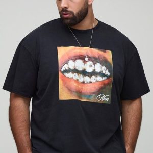 Plus Oversized Acid Wash Rhinestone Teeth Print T-Shirt