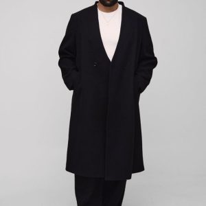 Plus Oversized Boxy Double Breasted Collarless Overcoat