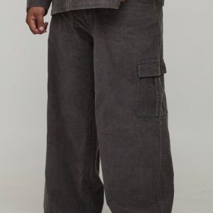 Plus Washed Cord Baggy Fit Cargo Trousers