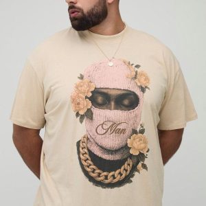 Plus Oversized Extended Neck Man Floral Ski Mask Print T-Shirt