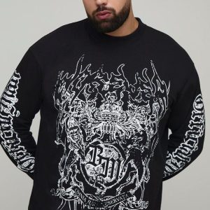 Plus Oversized Extended Neck Gothic BM Crest Long Sleeve T-Shirt