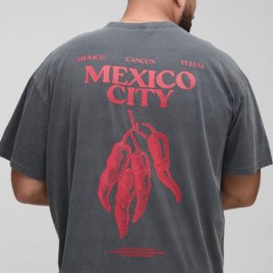 Plus Oversized Mexico Chili Pepper Print Washed T-Shirt