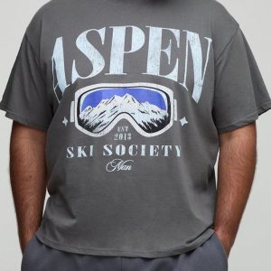 Plus Oversized Man Script Aspen Ski Mask Print T-Shirt