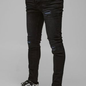 Skinny Stretch True Black Pu Biker Rip & Repair Jeans