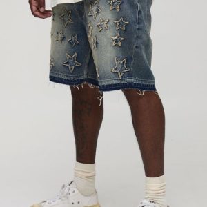 Plus Slim Fit Star Applique Let Down Hem Jean Shorts